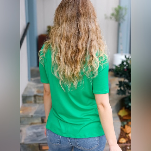 Women’s Asymmetrical Sequins Banded V-Neck Buttery Soft Green Top, short sleeve - Picture 7 of 8